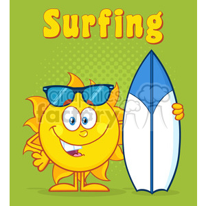 10116 happy sun cartoon mascot character holding a surf board with text surfing vector illustration over green halftone background