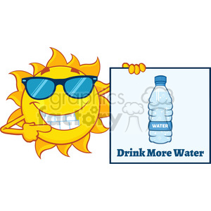 talking sun cartoon mascot character with sunglasses pointing to a sign with text drink more water vector illustration isolated on white background