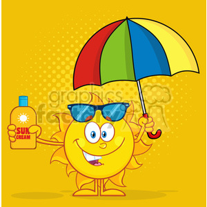 cute sun cartoon mascot character holding a umbrella and bottle of sun block cream vith text vector illustration with yellow haftone background