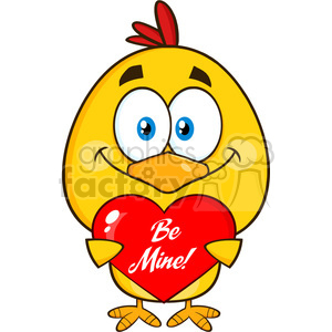 cute yellow chick cartoon character holding a be mine valentine love heart vector illustration isolated on white