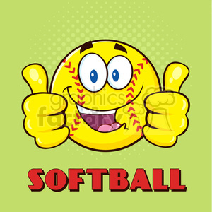 happy softball cartoon character giving a double thumbs up vector illustration with green halfone background and text softball