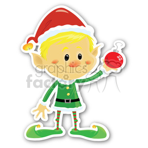 A cheerful Christmas elf in a green outfit and red Santa hat holding a red ornament.