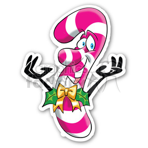 A pink and white striped candy cane cartoon character with a cheerful expression, featuring holly leaves and a golden bow.