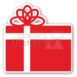 A red and white clipart image of a gift box with a decorative bow, often associated with Christmas or holiday presents.