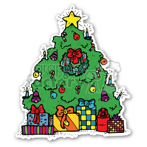 A festive clipart of a decorated Christmas tree with a star on top, adorned with ornaments, candy canes, candles, and surrounded by colorful wrapped gifts and a wreath.