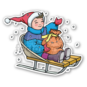 A cheerful child in a Santa hat sledding down a snowy hill, holding a sack, surrounded by falling snowflakes.