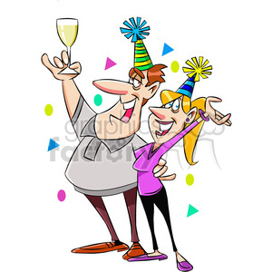 A cartoon couple celebrating New Year's, wearing party hats and surrounded by colorful confetti, with the man holding a glass of champagne.