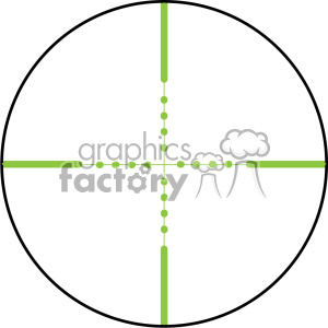   The image is a simple illustration of a sniper scope reticle. It features a circular outline with crosshairs extending from the center to the edges of the circle. The crosshairs are segmented with small dots, possibly representing measurement increments for aiming precision. The reticle is centered on a plain white background. 