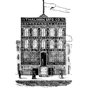 A detailed black and white clipart of a building labeled 'Thalman Mfg. Co.', specializing in various printing supplies. Text highlights products such as rubber stamps, type, seal presses, visiting cards, wood engraving, and more.