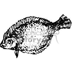 A black and white clipart image of a fish with a complex, abstract pattern.