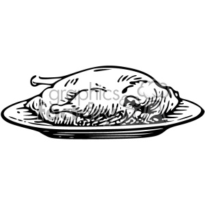 This black and white clipart image depicts a roasted turkey on a plate, illustrating a traditional meal.