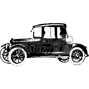 This clipart image features a black and white vintage car. The design is simplistic with heavy black lines outlining the structure of an old-fashioned vehicle, reminiscent of early 20th-century automobiles.