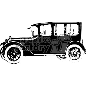 A black and white clipart image of a vintage car with distinct features, such as large spoked wheels and a boxy body design.