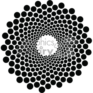 A circular pattern of black dots arranged in a spiral, decreasing in size toward the center.