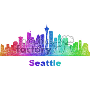 A colorful, artistic representation of the Seattle skyline with the Space Needle prominently featured. The skyline is rendered in a gradient of purple, blue, green, and yellow colors. Below the skyline, the word 'Seattle' is written in capital letters with a similar color gradient.