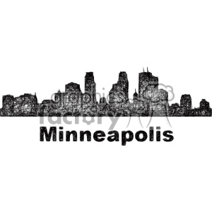 A black and white clipart depicting a scribble art skyline of Minneapolis with the city's name written below.