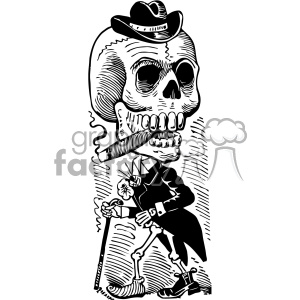 Black and white clipart image of an anthropomorphic skeleton wearing a hat, smoking a cigar, and walking with a cane.