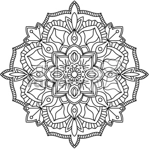 A detailed black and white mandala design, featuring intricate patterns and floral motifs arranged in a symmetrical, circular form. The mandala includes various shapes such as leaves, petals, and eye-like elements, all interconnected to create a complex and visually appealing composition.