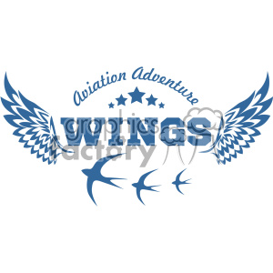 Clipart image featuring the words 'Aviation Adventure WINGS' with stylized wings and stars, accompanied by flying bird graphics.