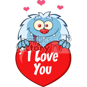 Clipart image of a cute blue yeti holding a red heart with the words 'I Love You' and small pink hearts above.