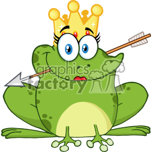 A cute frog wearing a crown with a playful expression, pierced by Cupid's arrow, symbolizing love and romance.