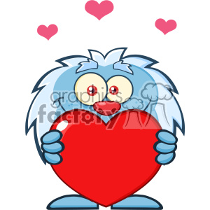 A cute cartoon yeti holding a large red heart with additional hearts above, symbolizing love and affection.