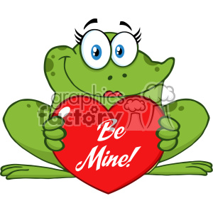 Cute cartoon frog holding a red heart with the words 'Be Mine!' for Valentine's Day.