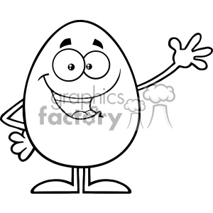 10921 Royalty Free RF Clipart Black And White Happy Egg Cartoon Mascot Character Waving For Greeting Vector Illustration