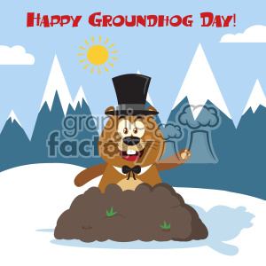 10648 Royalty Free RF Clipart Happy Marmmot Cartoon Mascot Character With Cylinder Hat Waving In Groundhog Day Vector Flat Design With Background And Text Happy Groundhog Day