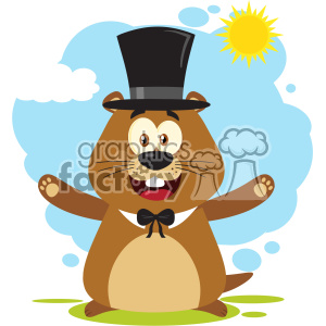 10633 Royalty Free RF Clipart Happy Marmot Cartoon Mascot Character Wearing A Hat And Welcoming Under Sunshine Vector Flat Design With Background Isolated On White