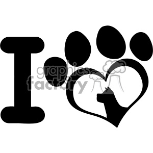 The image is a black and white clipart that features the phrase I Love symbolized by a capital I, followed by a representation of a paw print to suggest the word Love as paw, and a silhouette of a dog within a heart shape. The design conveys a message of affection for pets, particularly dogs.