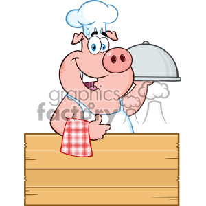 10717 Royalty Free RF Clipart Chef Pig Cartoon Mascot Character With A Cloche Platter Over A Wooden Sign Giving A Thumb Up Vector Illustration
