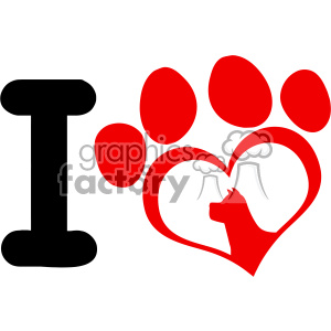 The clipart image depicts an I Love Dogs theme. It features the letter I in black, followed by a red heart symbol, and a red paw print. Inside the heart, there's a silhouette of a dog's head, which gives the appearance that the heart and paw print are part of a phrase expressing affection for dogs.