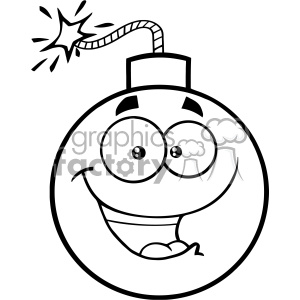 A black and white clipart image of a cartoon bomb with a happy face and a lit fuse.