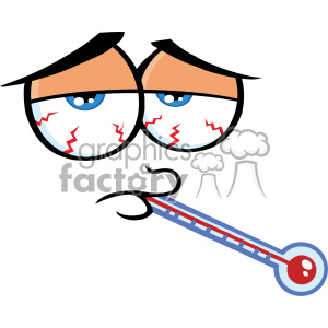 Comical illustration of a sick face with droopy eyes and a thermometer in its mouth.