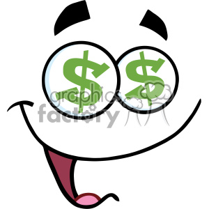 A cartoon face with exaggerated expressions, featuring dollar signs ($) in the eyes, and an open mouth suggesting excitement or happiness.