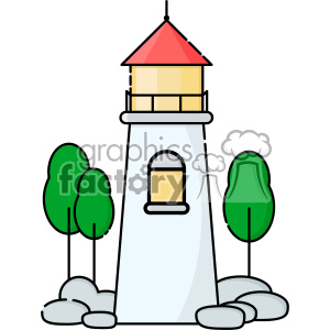 A clipart image of a lighthouse with a red roof, surrounded by green trees and rocks.