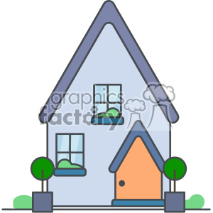 Simple clipart image of a house with a triangular roof, two windows with flower beds, and two potted plants on either side of the front door.