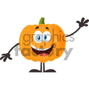 Happy Orange Pumpkin Vegetables Cartoon Emoji Character Waving For Greeting Vector Illustration Flat Design Style Isolated On White Background