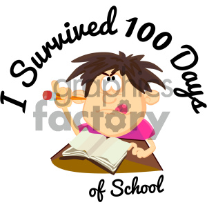 A cartoon illustration of a student holding a pencil and looking frustrated while studying, with the text 'I Survived 100 Days of School' surrounding the image.