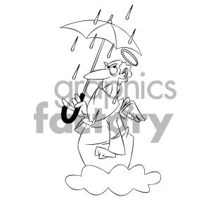 A cartoon angel character standing on a cloud, holding an umbrella while it's raining.