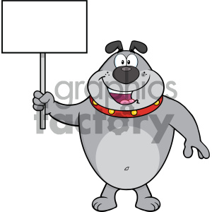 The clipart image contains a cartoon of a happy gray dog standing on its hind legs, holding a blank sign with one paw. The dog is wearing a red collar with yellow spots, has a big smile on its face, and appears to be friendly and approachable.
