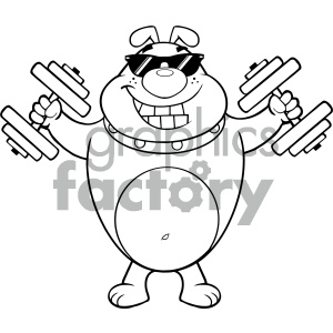 Black And White Smiling Bulldog Cartoon Mascot Character With Sunglasses Working Out With Dumbbells