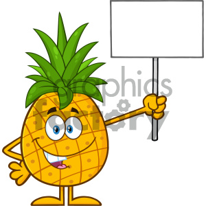 Royalty Free RF Clipart Illustration Talking Pineapple Fruit With Green Leafs Cartoon Mascot Character Holding A Blank Sign Vector Illustration Isolated On White Background