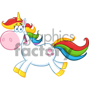 The clipart image shows a whimsical cartoon unicorn in motion. The unicorn has a white body with a golden horn and hooves, and features a colorful rainbow mane and tail. There are three pink heart shapes on its rear.