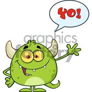 Happy Green Monster Cartoon Emoji Character Waving For Greeting With Speech Bubble And Text Yo! Vector Illustration Isolated On White Background
