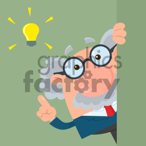 A cartoon image of an elderly man with glasses, resembling a professor or teacher, peeking around a corner with his finger pointing up. A lit-up light bulb is above him, symbolizing an idea.