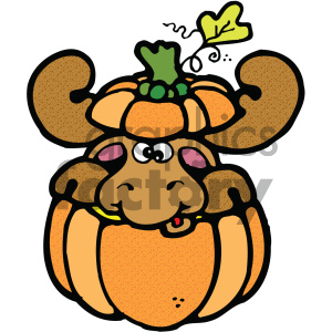 This clipart image shows a cute cartoon moose with its head poking out of a Halloween pumpkin. The moose looks playful with a happy facial expression, has large antlers, and one of the pumpkin's leaves appears to be fluttering above it.