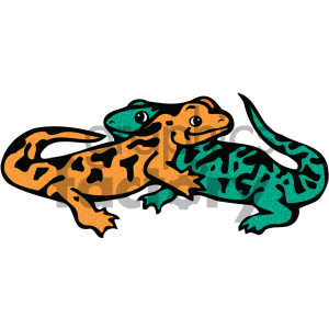 The clipart image depicts two stylized, cartoon lizards. One lizard is orange with black spots, and the other is teal with darker teal markings. Both lizards appear happy and are drawn in a playful pose, with exaggerated cartoon features like large eyes and wide smiles.