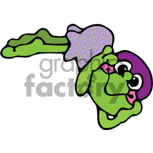 The clipart image you've provided depicts a cartoon frog. The frog is green with a comical expression, featuring large, bulging white eyes with black pupils. Its back foot appears to be a stylized representation of it swimming since there is a purple-colored swim cap on its head, and the leg and foot extend backwards, resembling a frog's kicking motion while swimming.